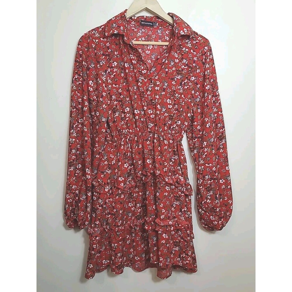 Pretty Little Thing Red Floral Dress Long Sleeves Pockets Button Up Top Size 4